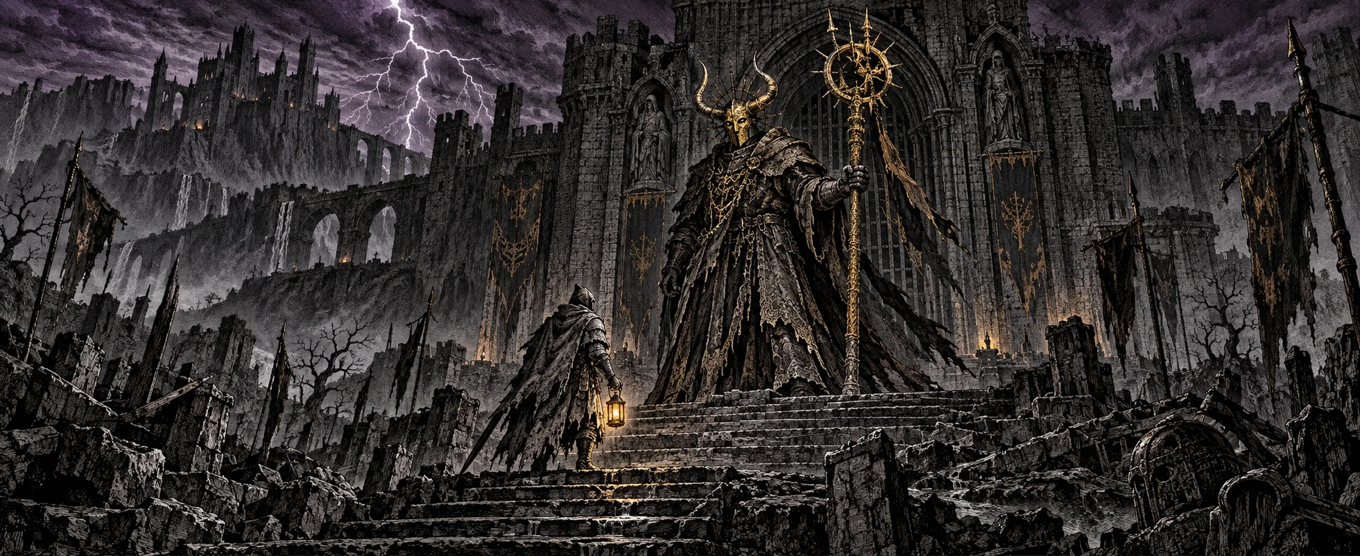 A hulking horned knight with a golden staff looms over a traveller on the steps of a stormy castle.