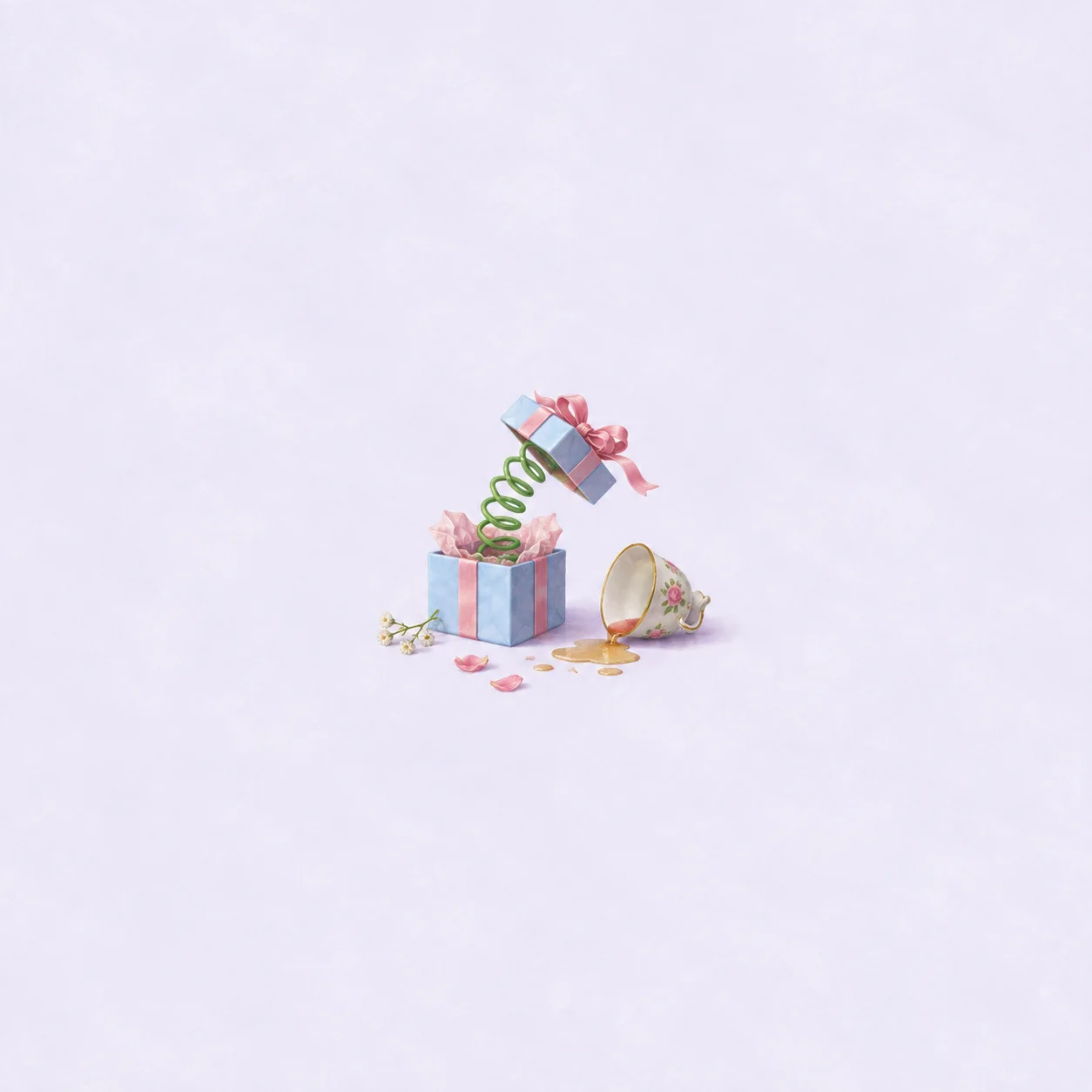 A pastel gift box springs open on a green coil beside a tipped floral teacup and spilled tea.