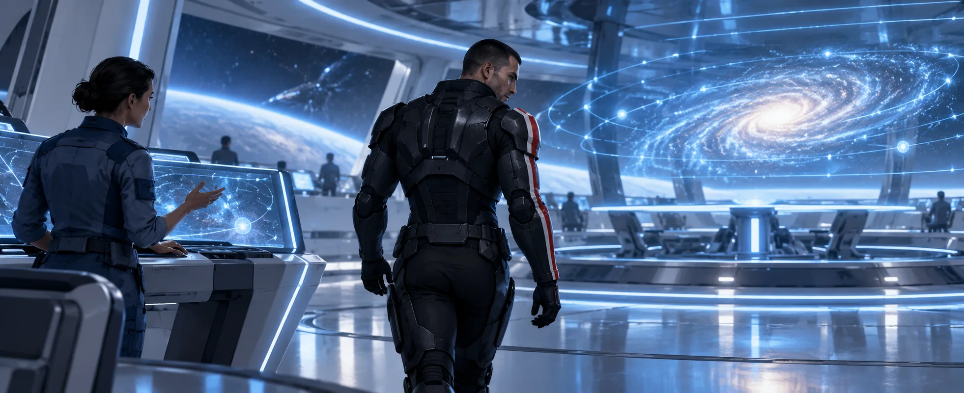 Commander Shepard in black N7 armour with a red stripe walks away from a crewmate at a console on the bright white Normandy bridge, a holographic galaxy map glowing behind them.