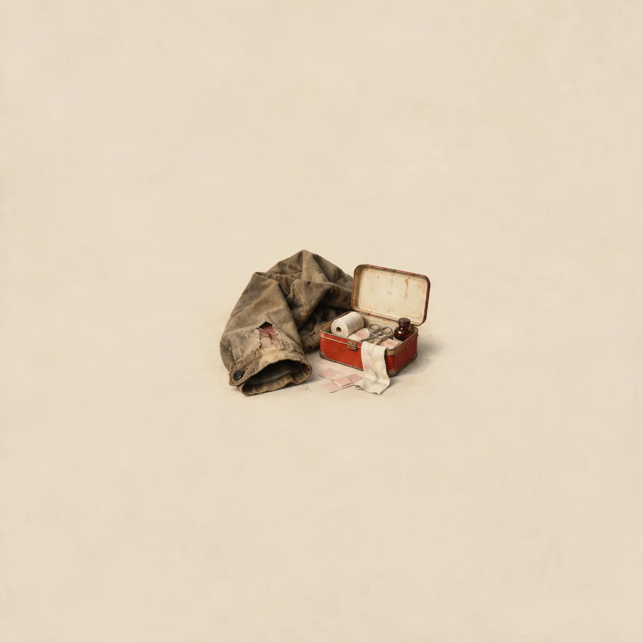 Painterly torn coat sleeve beside an open red first-aid tin and loose bandages.