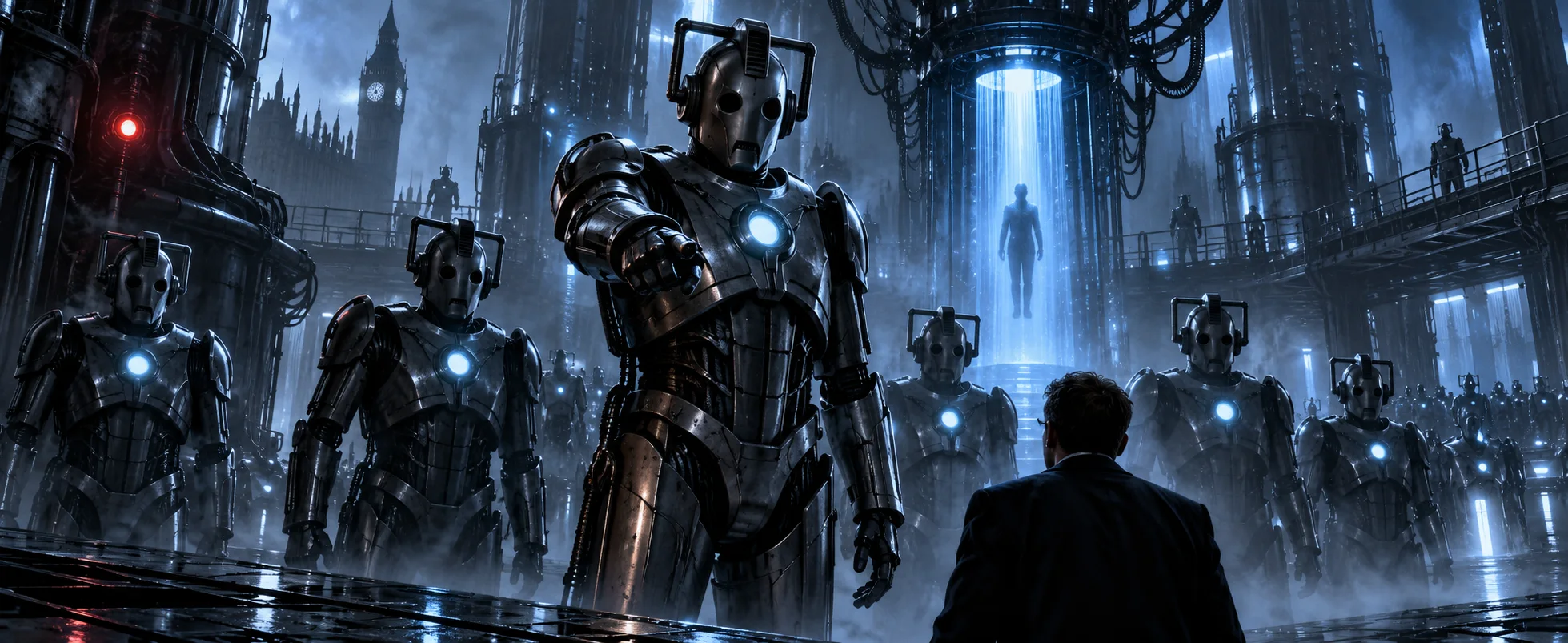 Dark illustration of ranks of silver cyborgs with blank faces and glowing chest units marching through a steel factory in a parallel London, Big Ben behind them, a man watching from the foreground.