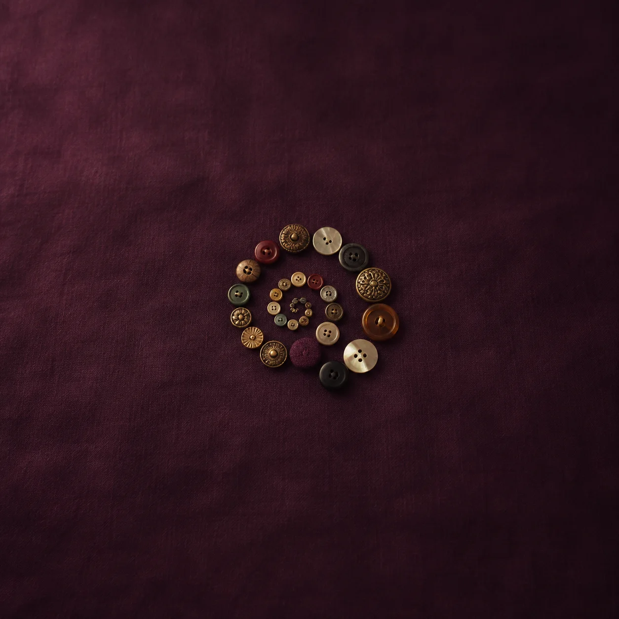 Painterly assorted antique buttons arranged in a spiral on plum fabric.
