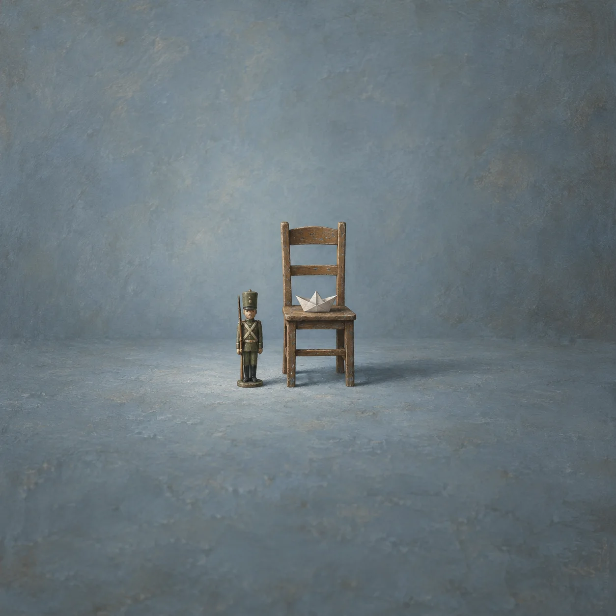A small toy soldier stands beside a wooden chair with a folded paper boat on its seat.