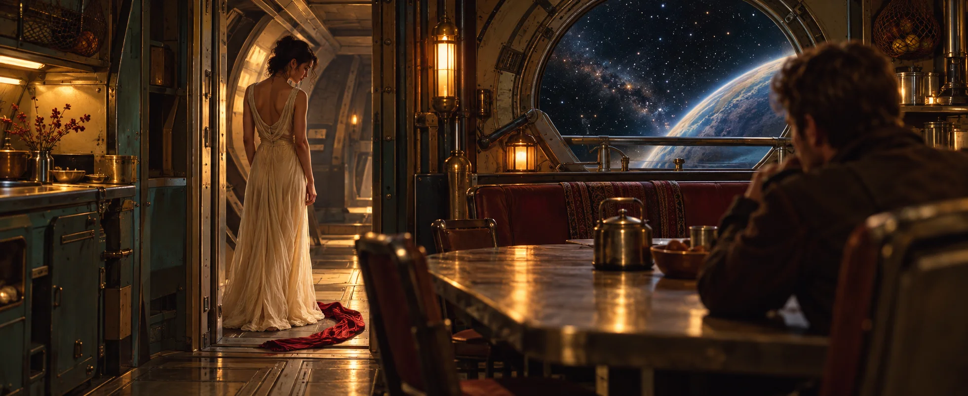 A young woman in a pale dress, seen from behind, stands in a spaceship galley doorway with a red scarf at her feet.