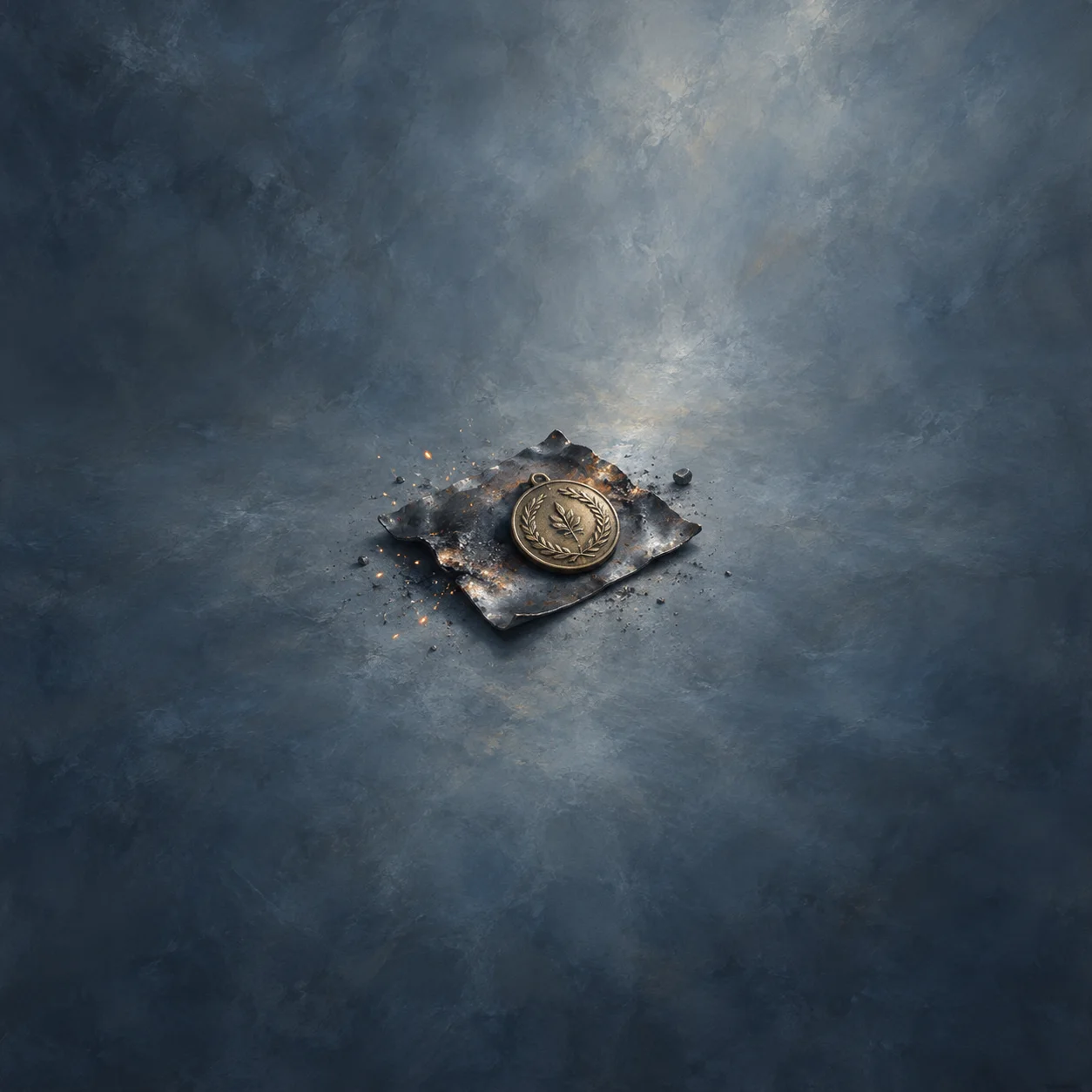 A leaf-patterned brass medal rests on scorched metal with tiny glowing embers nearby.