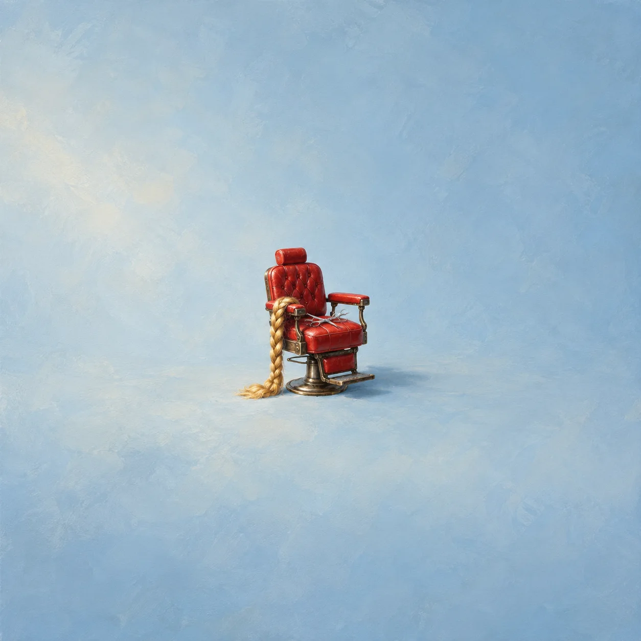A small red barber chair with a long golden braid over the arm and open silver scissors on the seat.