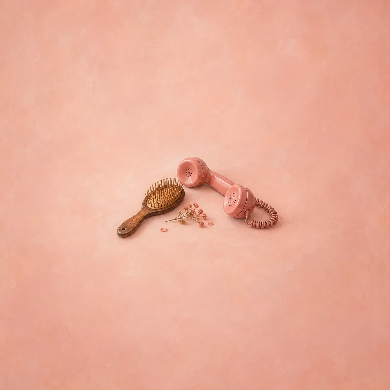 Painterly wooden hairbrush beside a pink telephone receiver and scattered small beads.