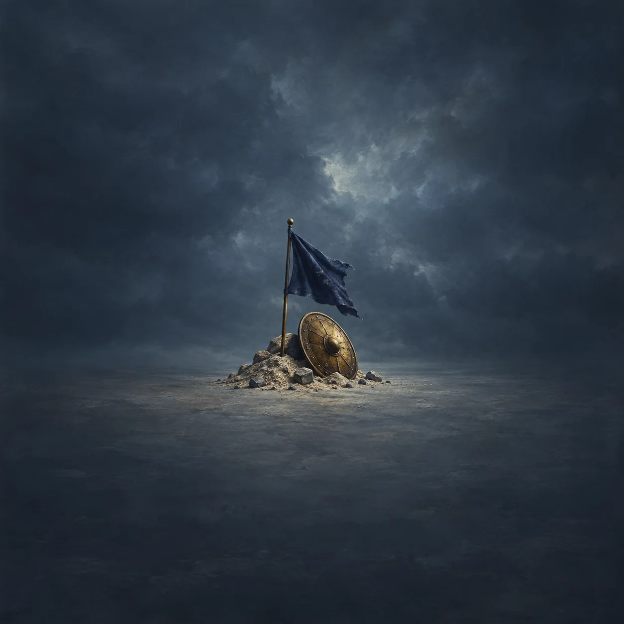 A dark-blue flag stands on a rocky mound beside a round brass shield beneath storm clouds.