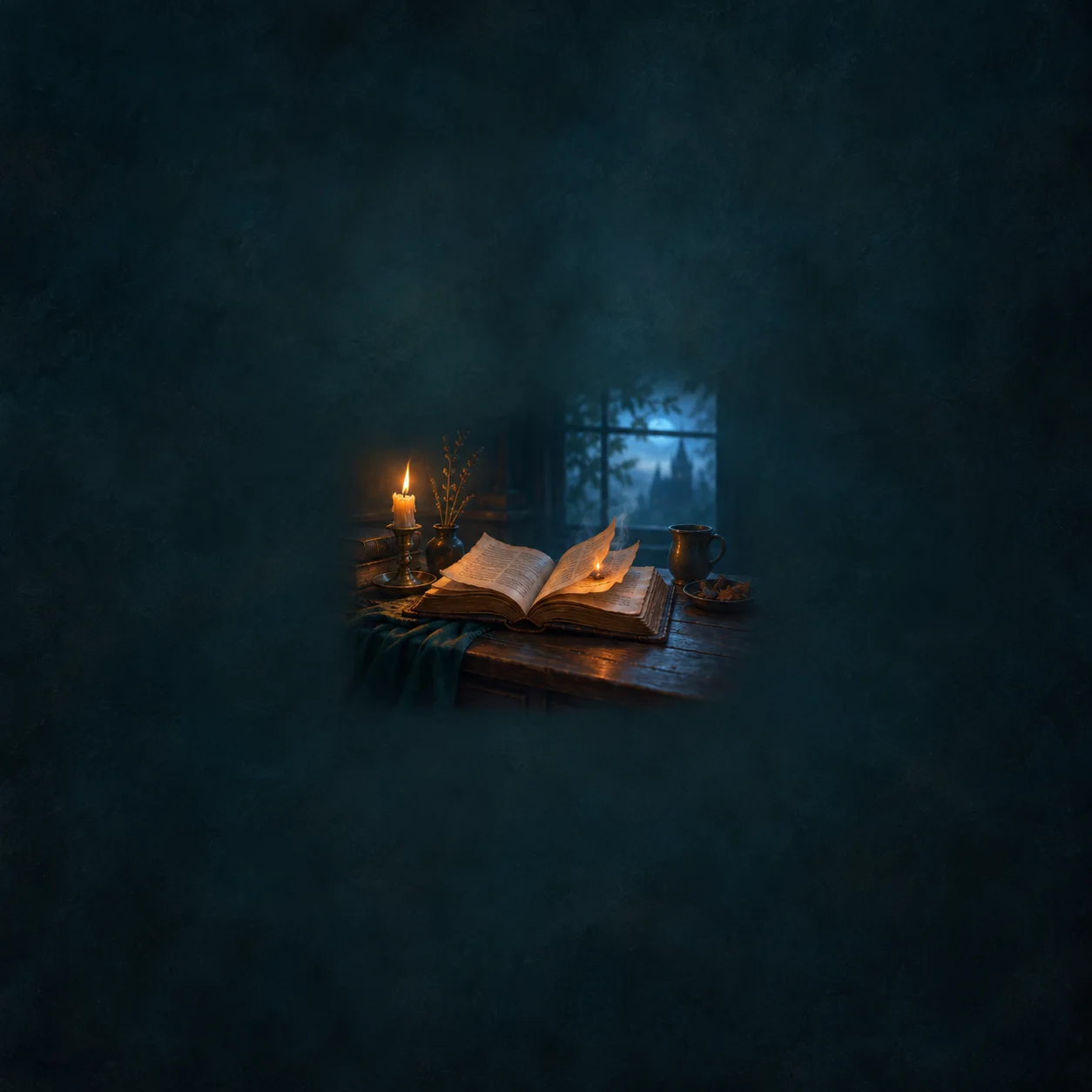Painterly open book with a smouldering page beside a candle and cup near a blue-lit window.