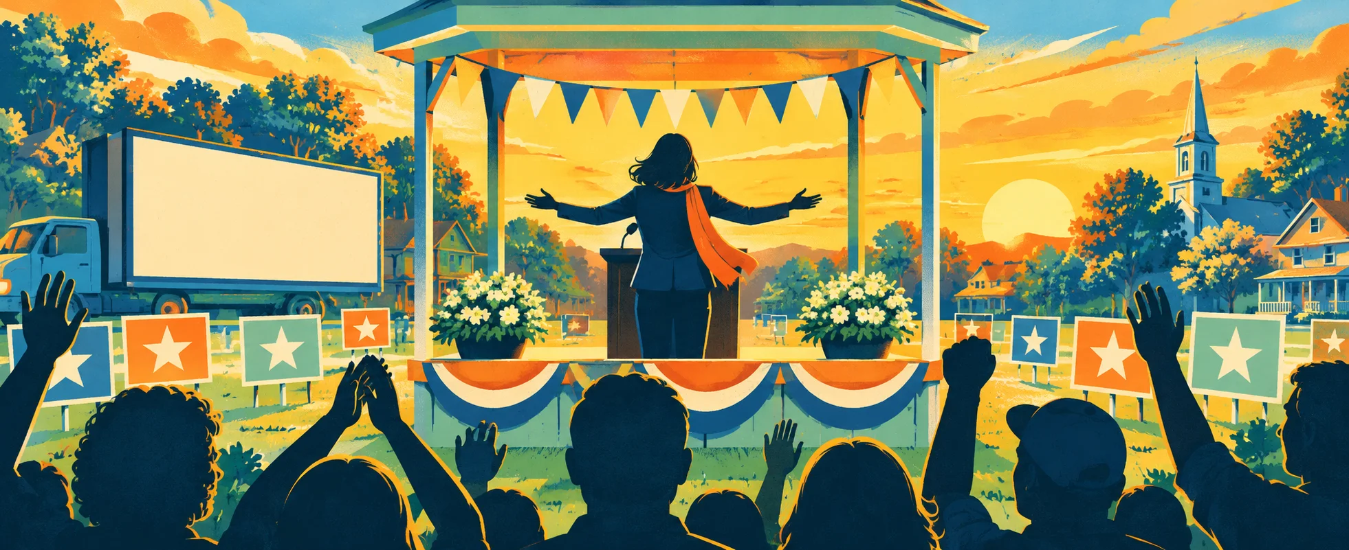 Pop-art illustration of a woman in a blazer and orange scarf at a bandstand podium at sunset, arms wide, a cheering crowd in silhouette and star-emblem campaign signs on the lawn.