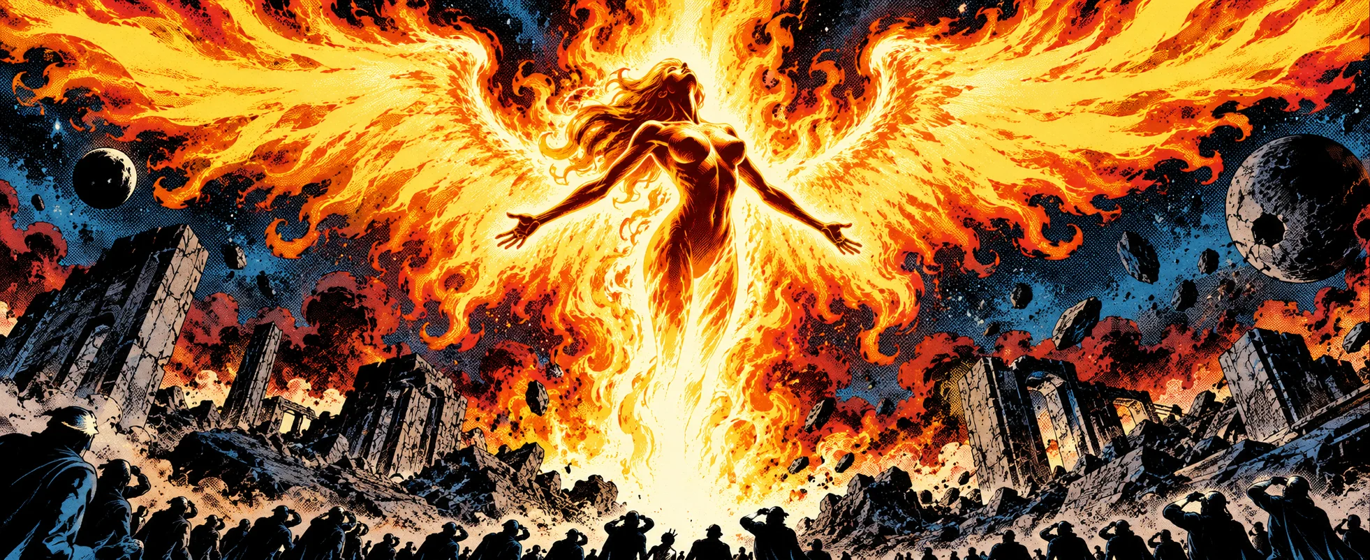 Silver Age comic illustration: a woman wreathed in a blazing firebird, with vast flaming wings and outstretched arms, rises over a ruined stone city beneath a starry sky as shielded onlookers cower below.