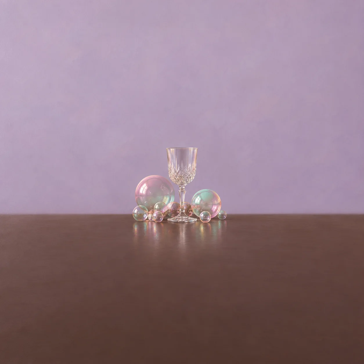 An empty crystal goblet surrounded by pink and mint iridescent bubbles on a brown table against a lilac background.