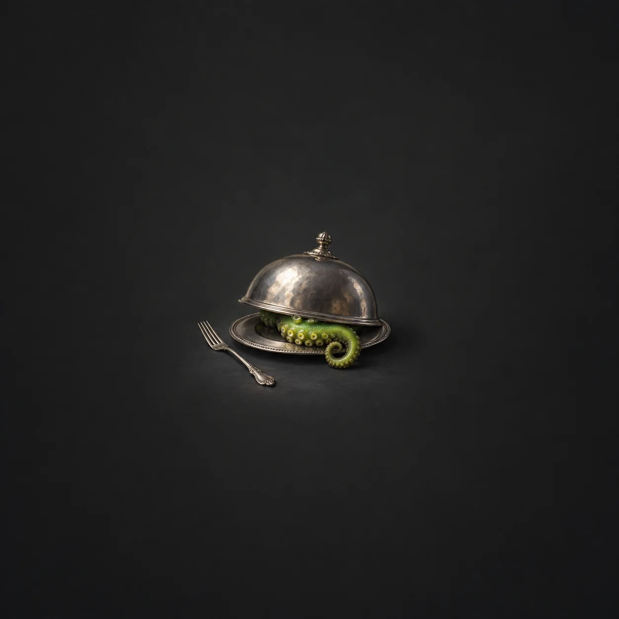 A silver cloche on a plate with a lime-green tentacle curling out from under the lid and a fork beside it, on a charcoal background.