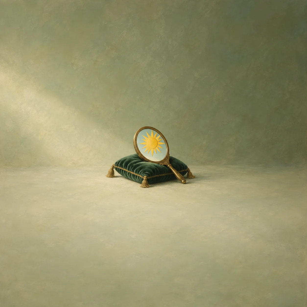 A round hand mirror displaying a yellow sun shape, resting on a green velvet cushion.