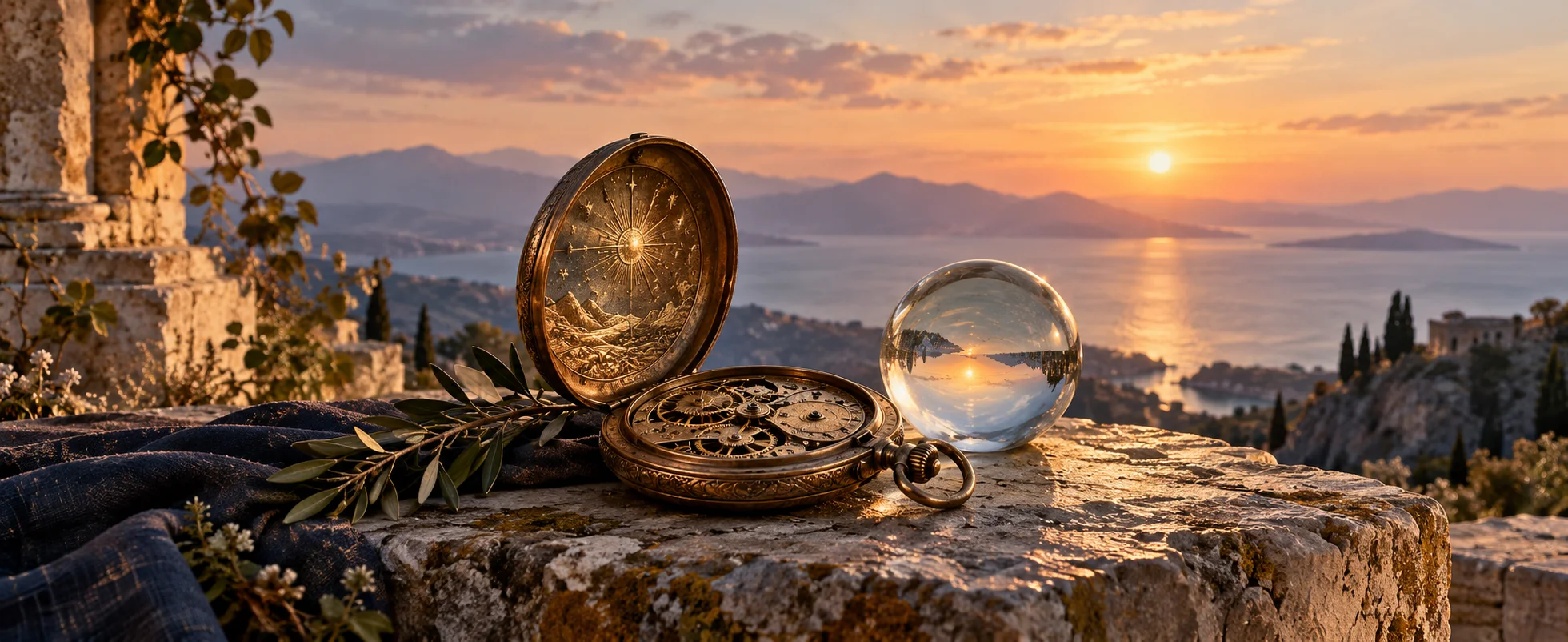 An open bronze watch case rests beside a clear glass sphere overlooking a pale horizon.