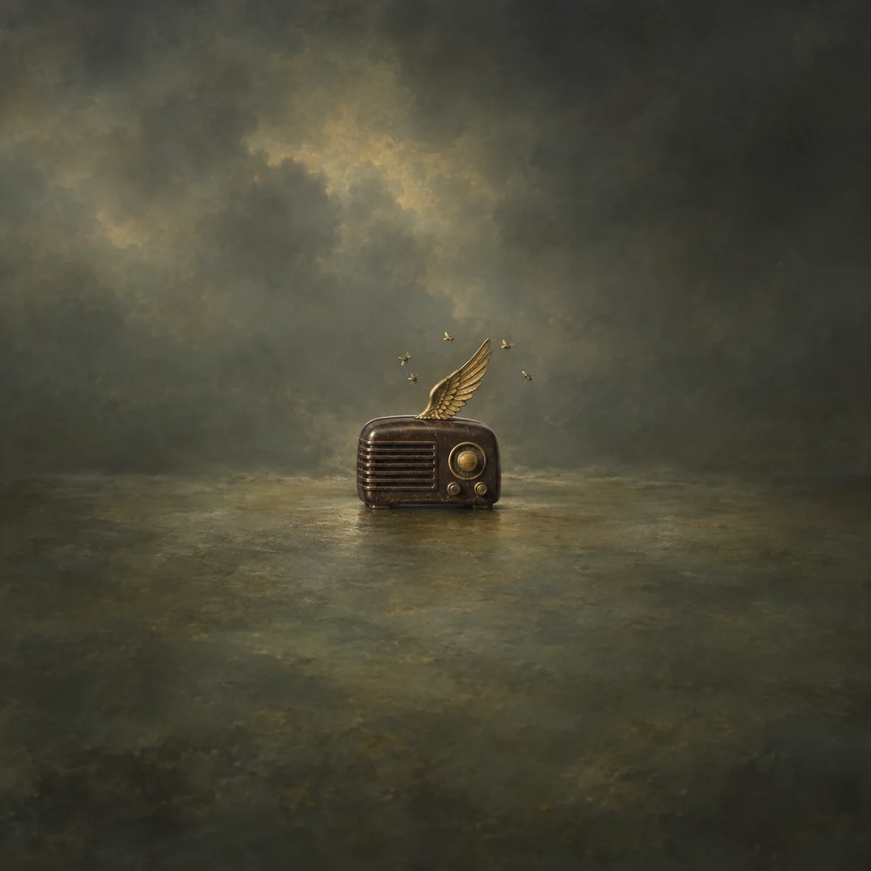 A small vintage radio has a gold wing on top with tiny flying insects nearby against grey-green.