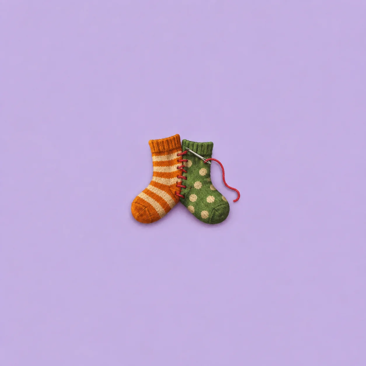 Two mismatched orange-striped and green-dotted socks are joined with red stitching and a loose thread.
