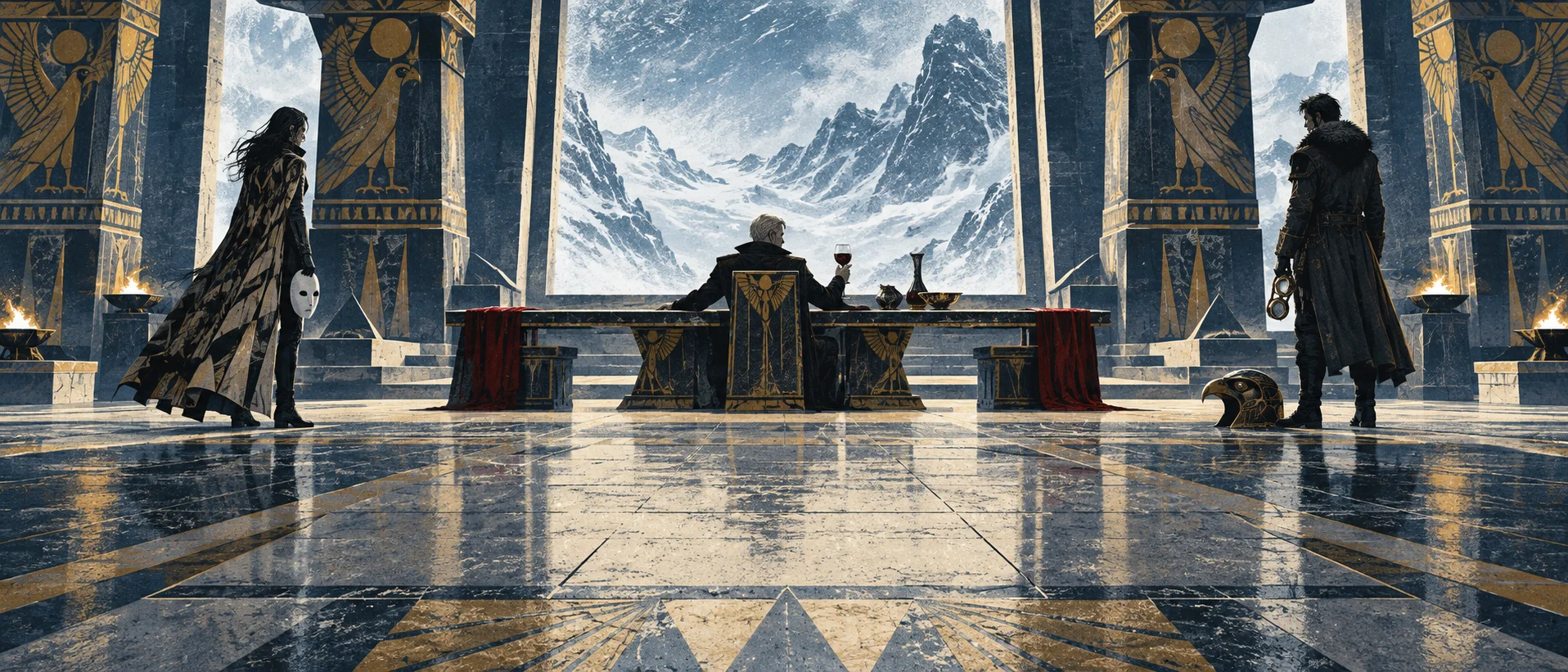 Two visitors stand stunned in a vast Egyptian-pillared hall of an Antarctic fortress while a calm figure sits at a desk before a window of snow.