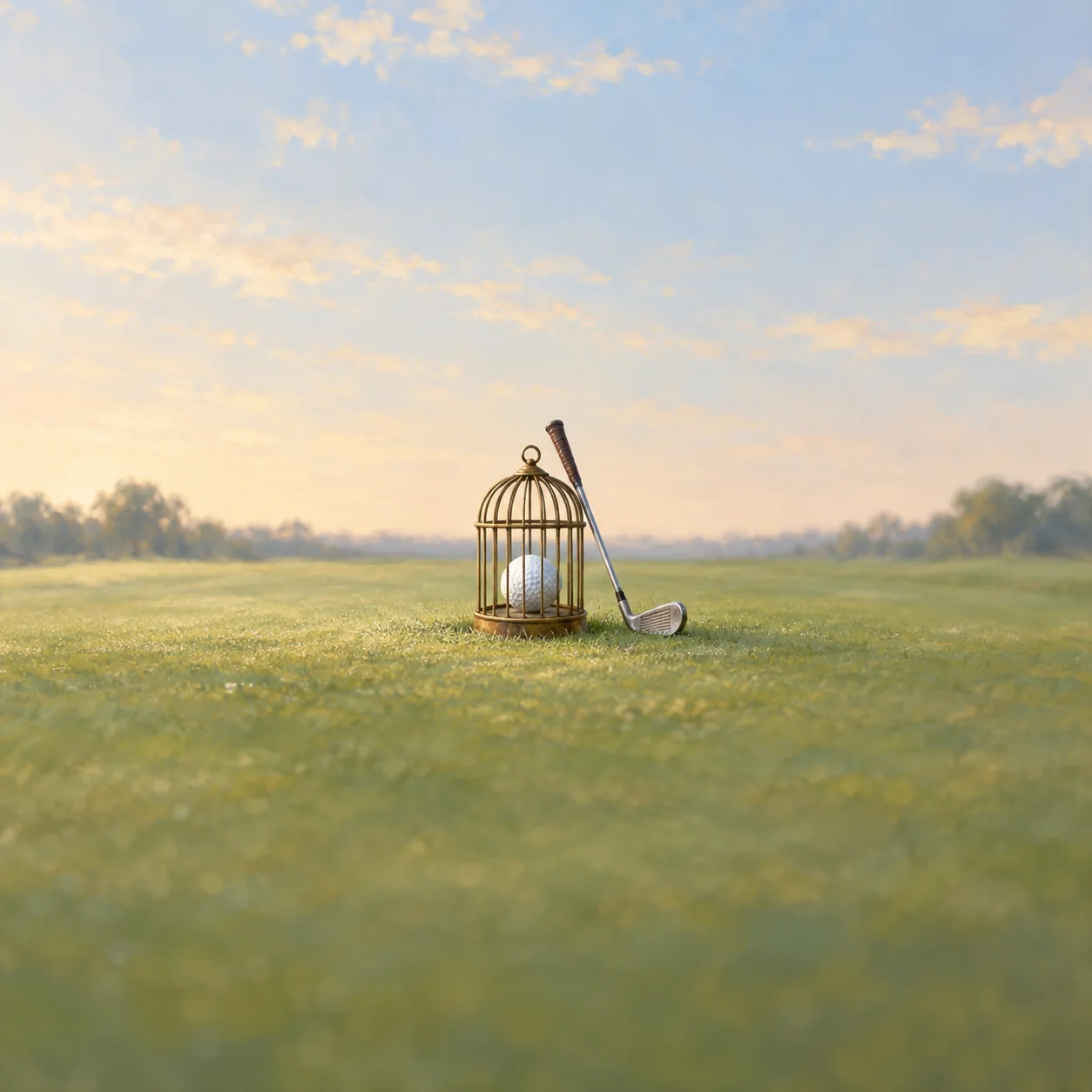 A white golf ball sits inside a small brass birdcage on grass, with a silver golf club leaning beside it.