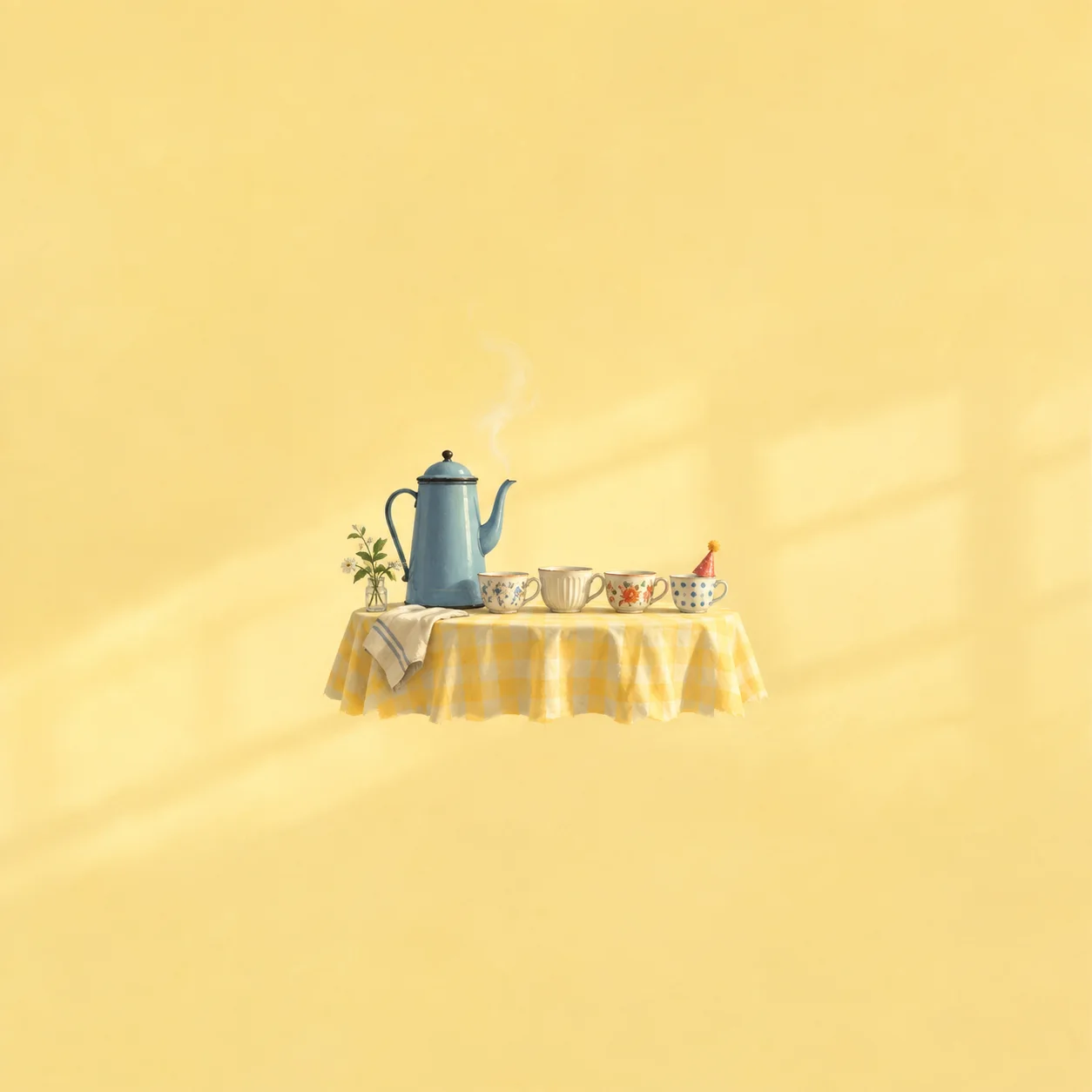 A steaming blue coffee pot and mismatched cups stand on a yellow checked tablecloth, one cup wearing a tiny party hat.