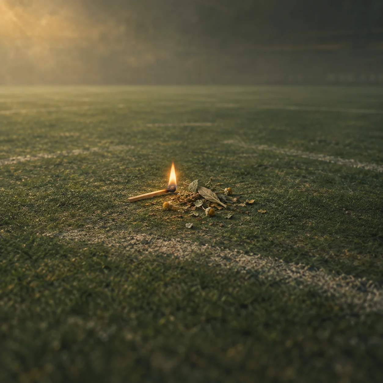 A burning match lies beside scattered dried leaves on worn green turf.