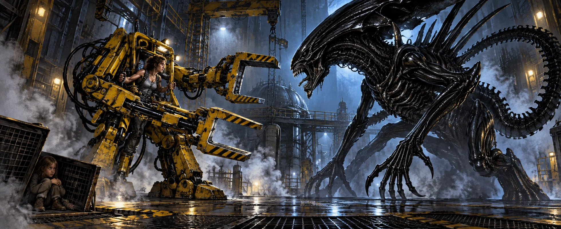 A woman in a yellow-and-black power loader squares up to a towering black alien queen in a steaming industrial hangar.