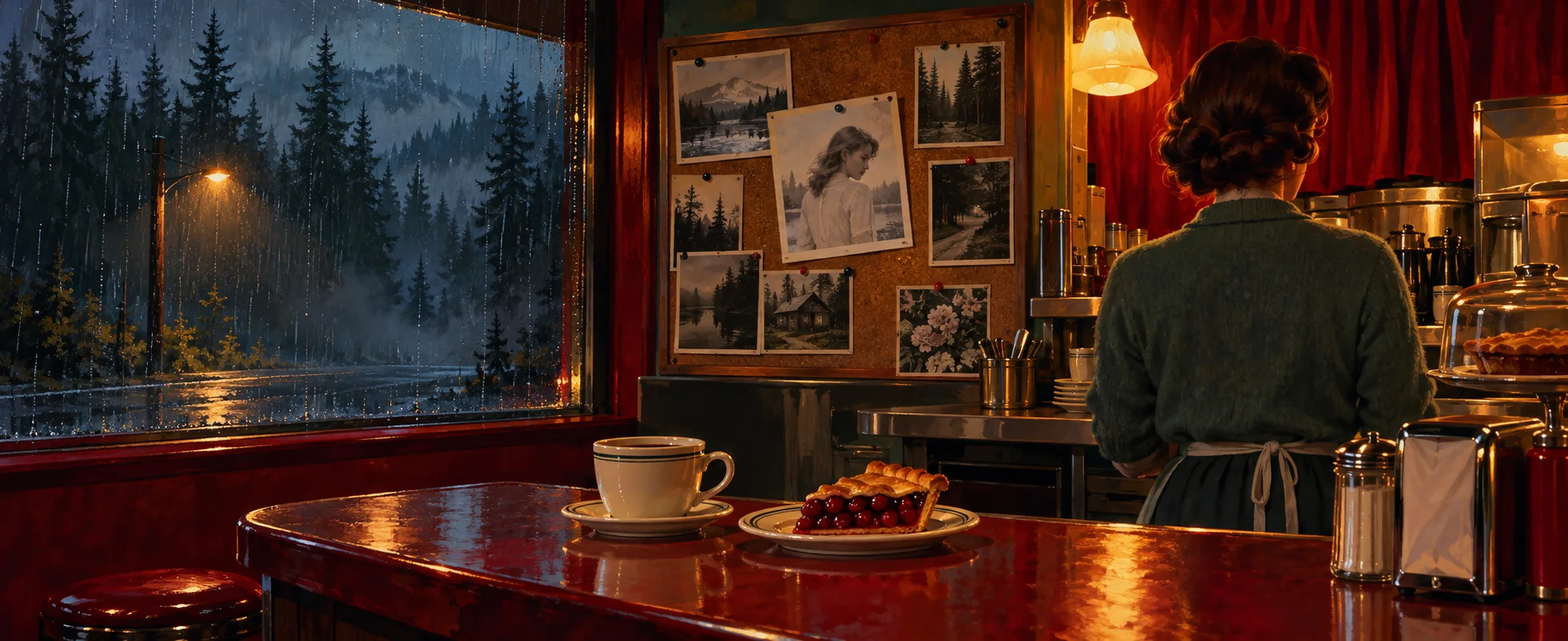Illustration of a small-town diner counter at night with black coffee and cherry pie, a waitress turned away and a photograph of a young woman pinned to the corkboard.