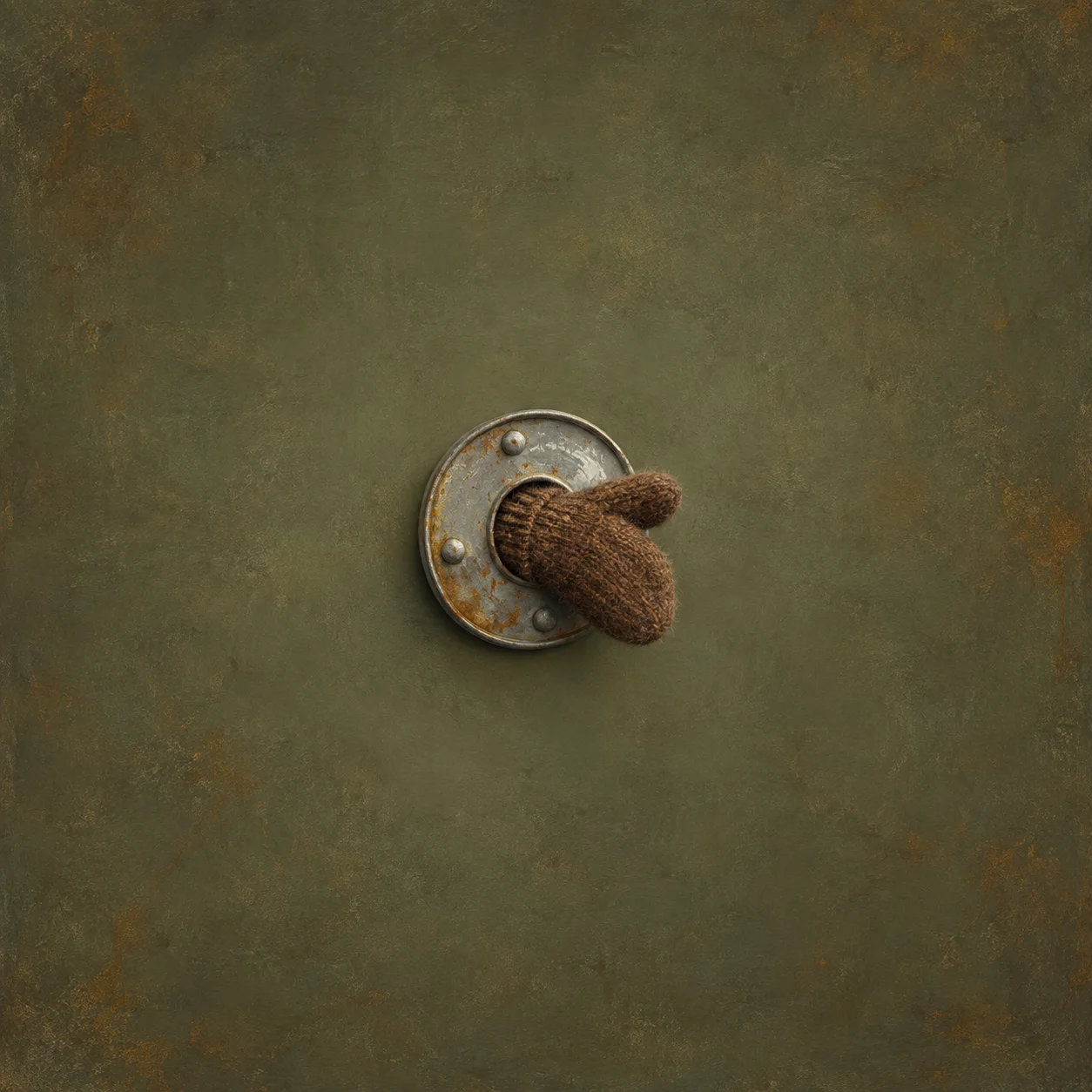 A woolly brown mitten wedged into a small round opening in a metal plate.