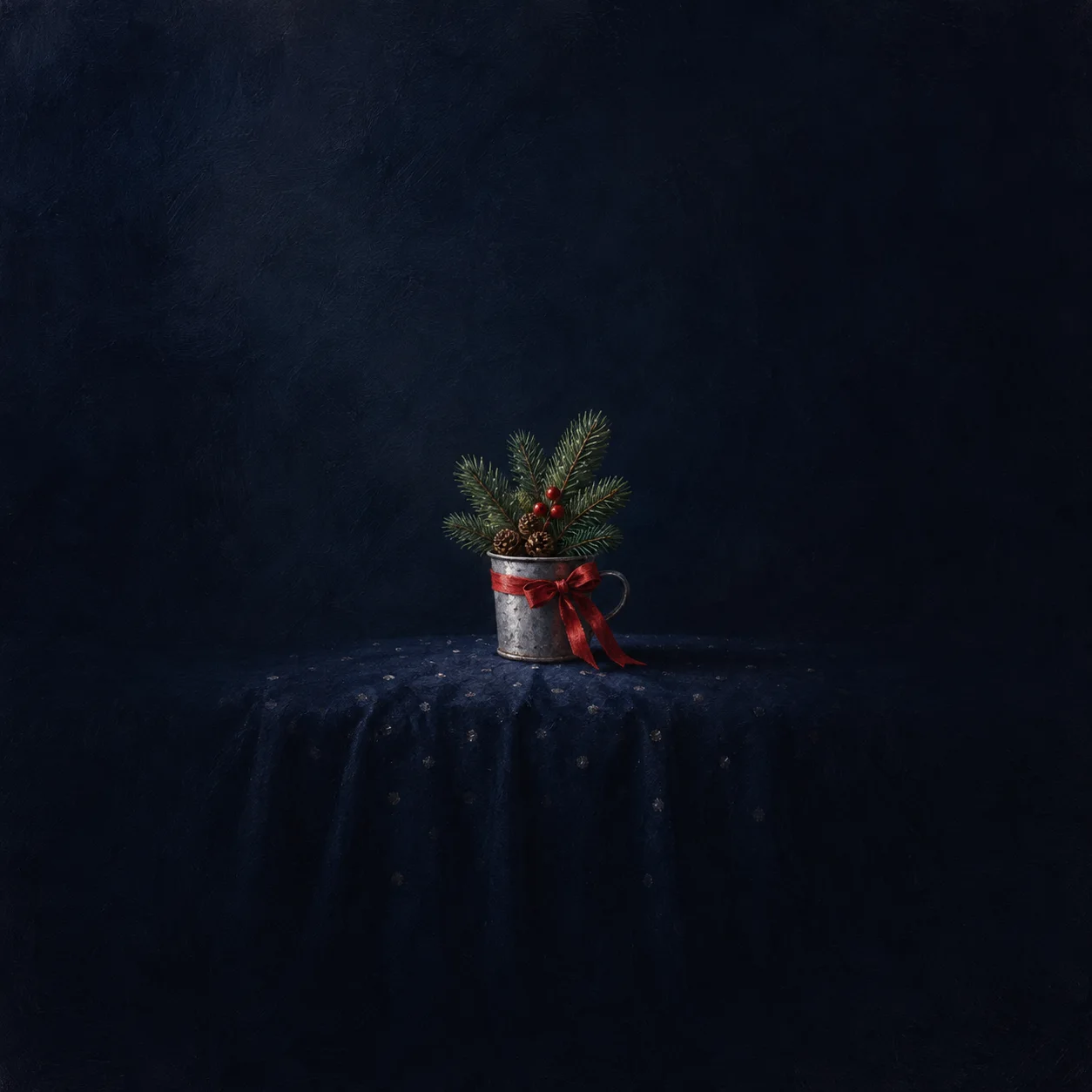 A small evergreen sprig in a tin cup tied with red ribbon on a navy cloth.