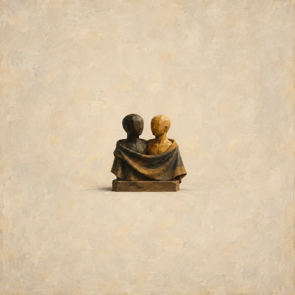 Two miniature wooden busts sharing one draped charcoal cloak on a low support