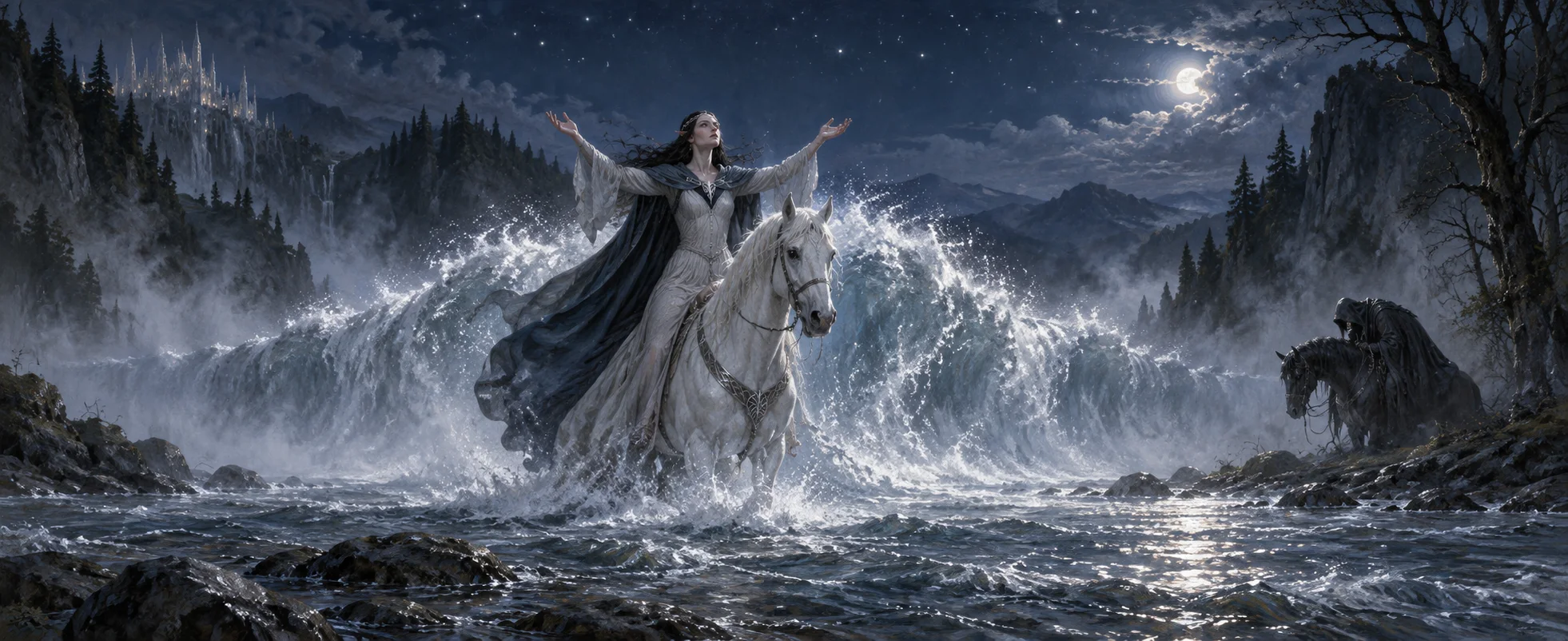 An elf woman in white on a white horse raises her arms as a flood of foaming water surges down a moonlit river.