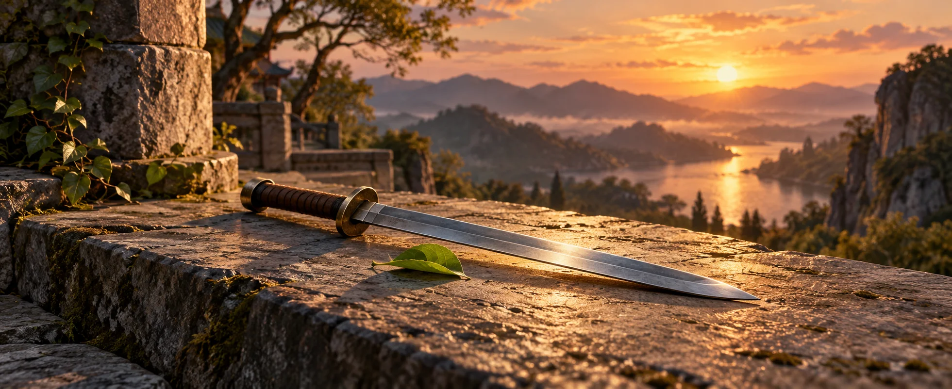 A plain steel blade rests beside a small green leaf on a sunlit stone training ledge.