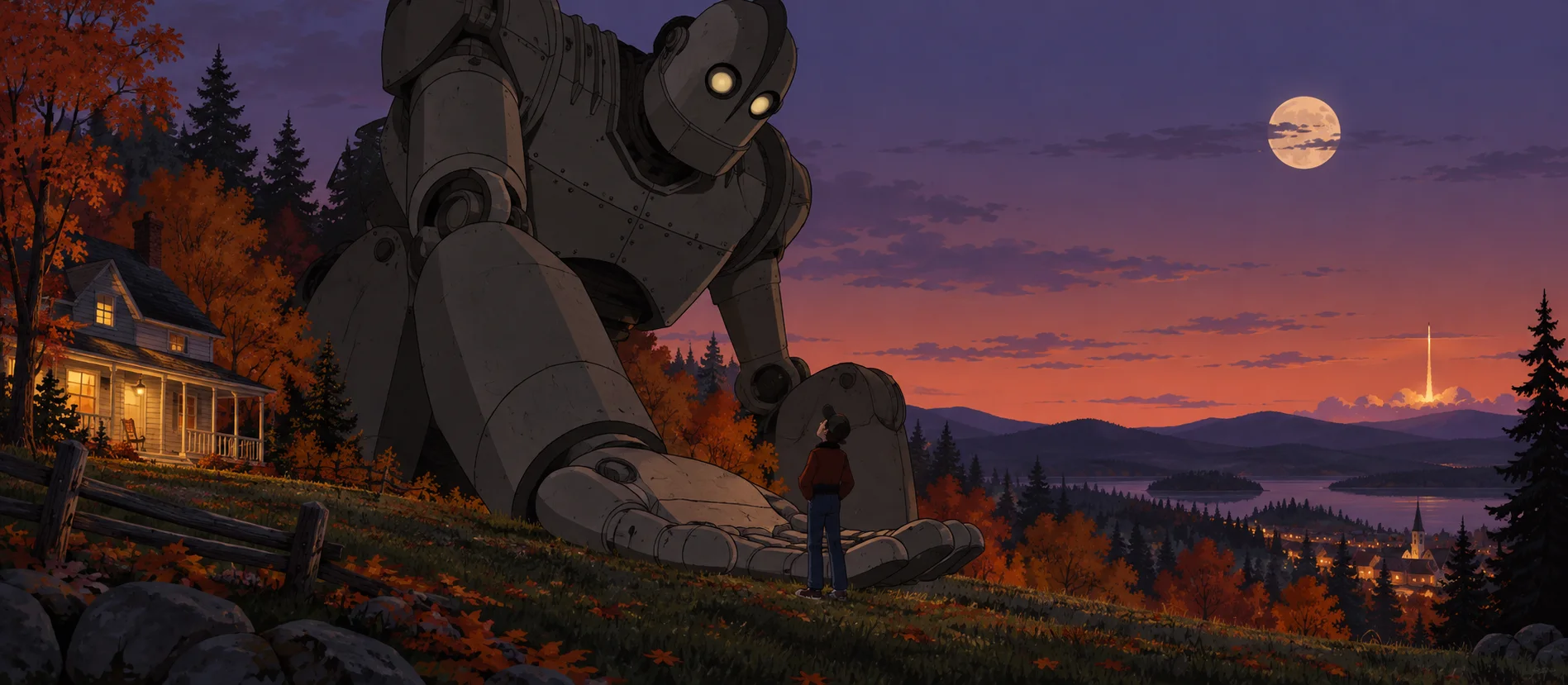 A giant steel robot bends down to a small boy on an autumn hillside above a Maine town at dusk.