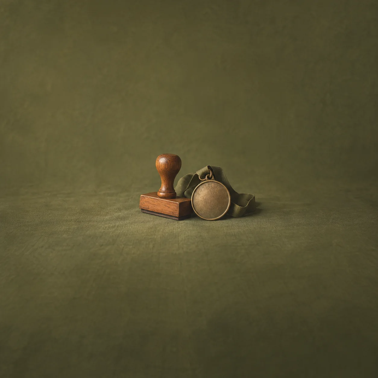 A wooden office stamp stands beside a plain bronze medal on an olive-green surface.