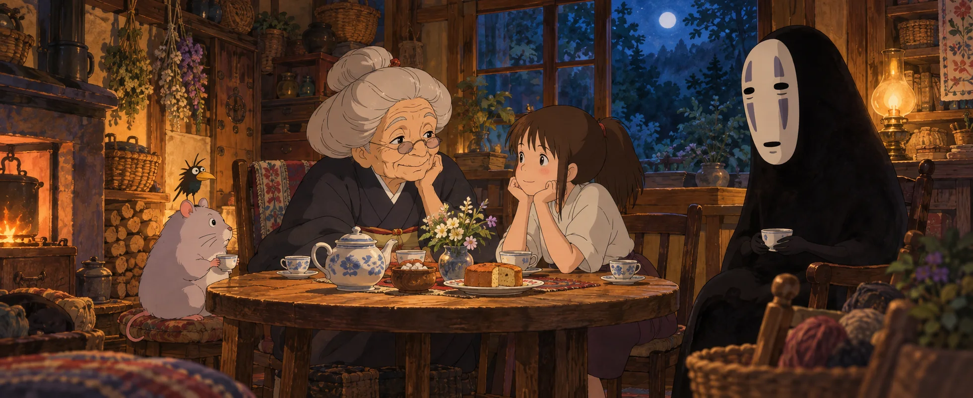 Animated-film illustration: in a cosy cottage at night, an old woman with a grey bun, a girl in a white shirt and a masked dark spirit sit round a little table with tea and cake, a small mouse beside them.