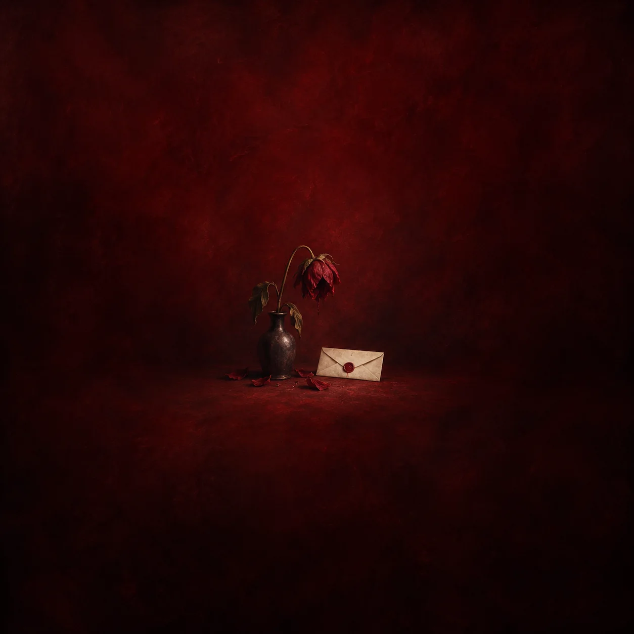 A wilted red flower droops from a small dark vase beside a sealed cream envelope on crimson ground.