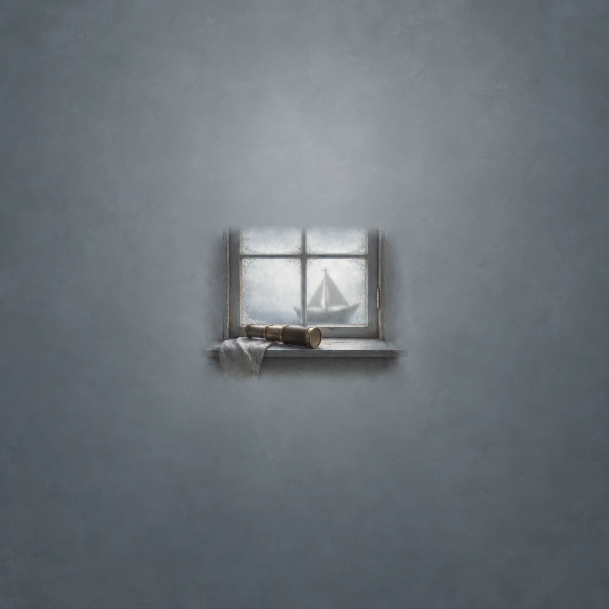 A blurred sailboat visible through a frosted window, with a closed brass spyglass resting on the sill.