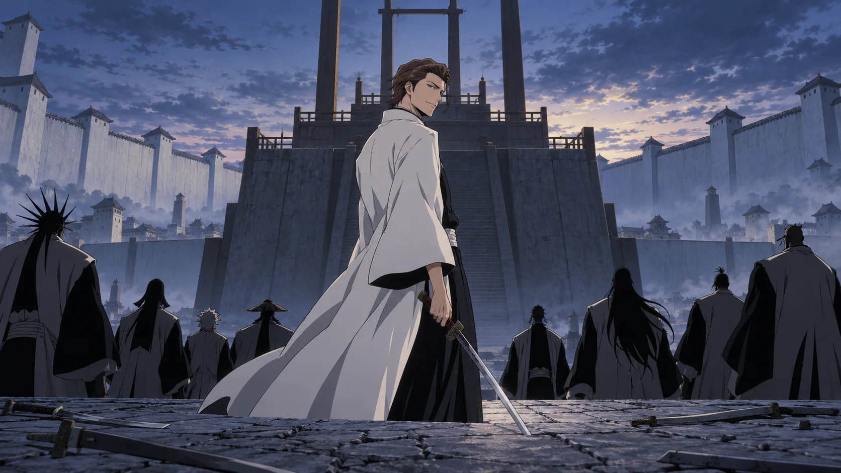 Anime illustration: a brown-haired man in a flowing white coat glances back with a calm smile, sword at his side, before a great stepped stone tower, as dark-robed figures stand with their backs to us among scattered swords.