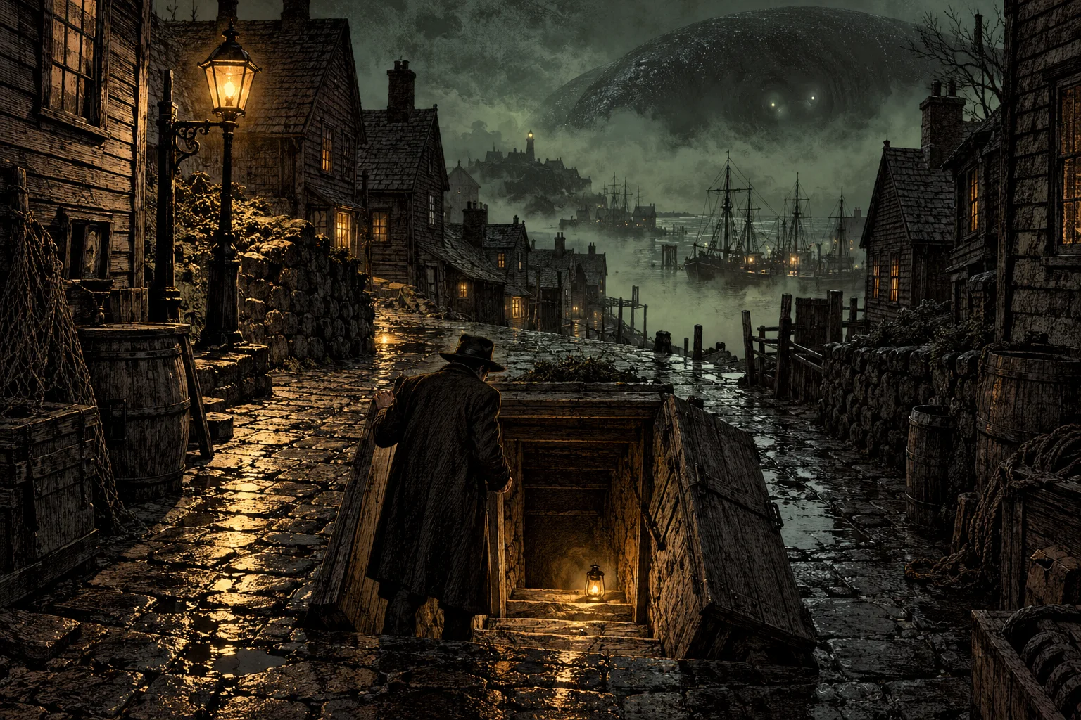 A figure in a long coat and hat descends into an open cellar at the end of a wet cobbled lane in an old foggy seaport at night.