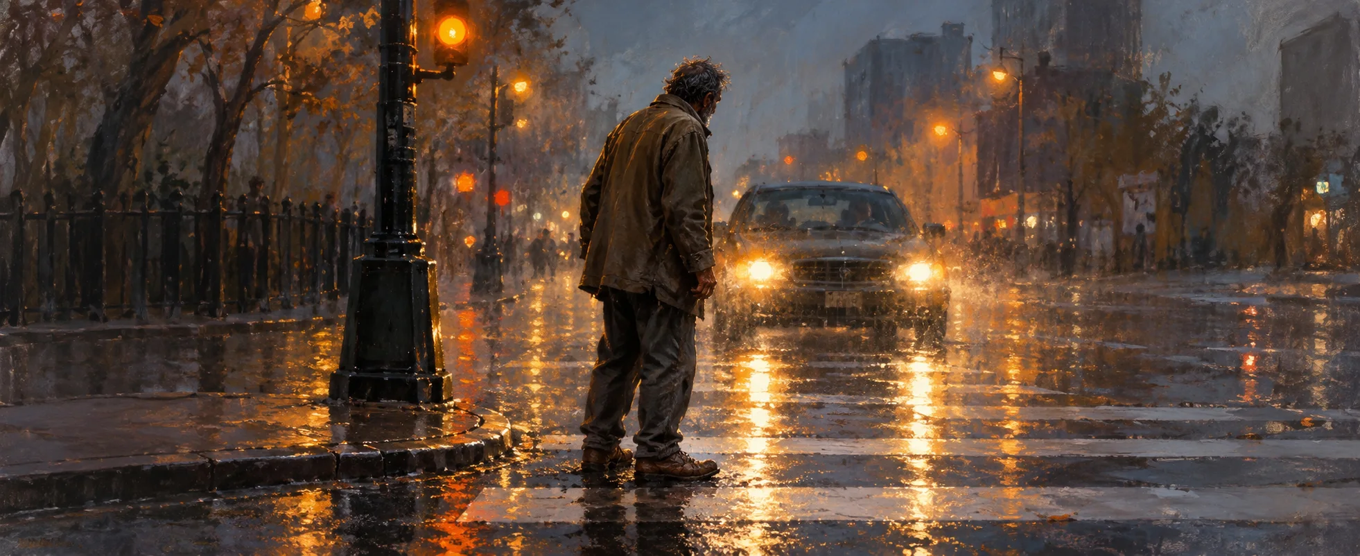 A man stands at a rain-slick crossing as a car approaches through blurred amber street lights.