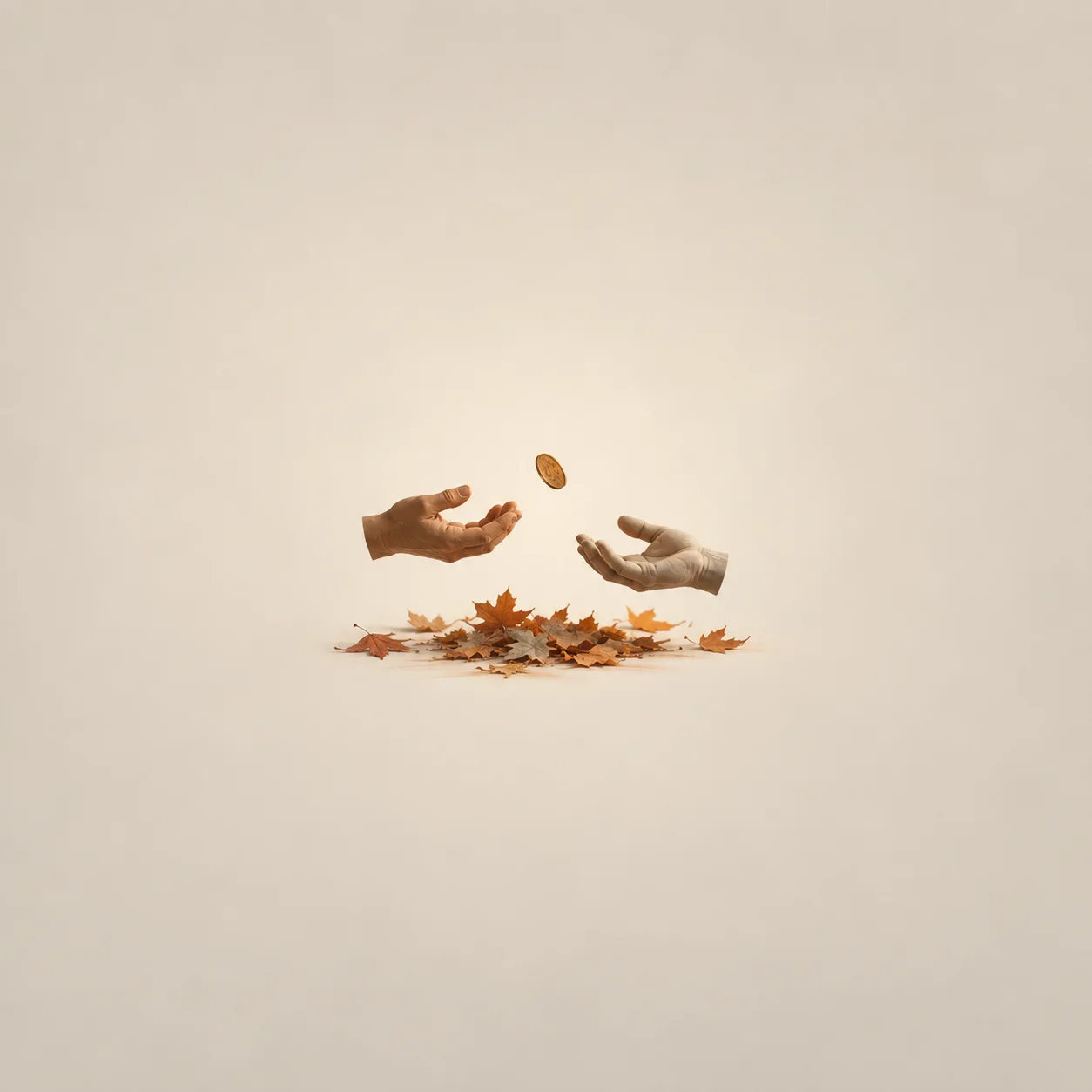 Painterly coin suspended between two cupped hands above scattered autumn leaves.