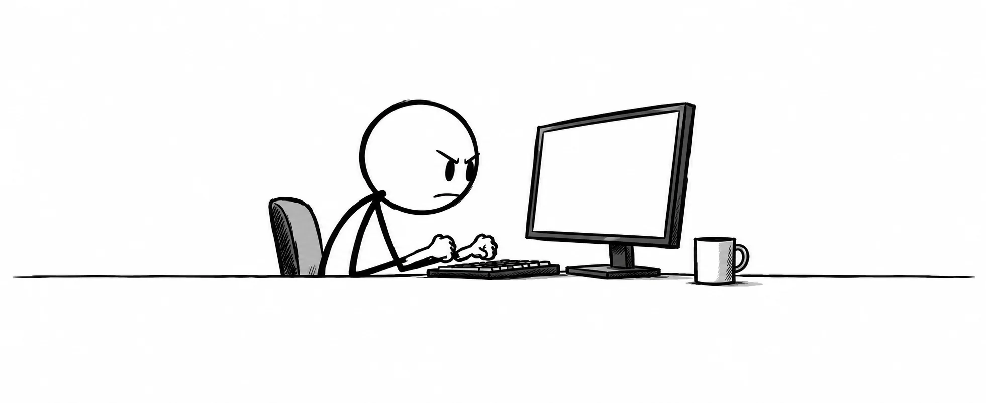A scowling stick figure hunches over a keyboard at a computer late at night, a mug beside the monitor, in simple black line art.