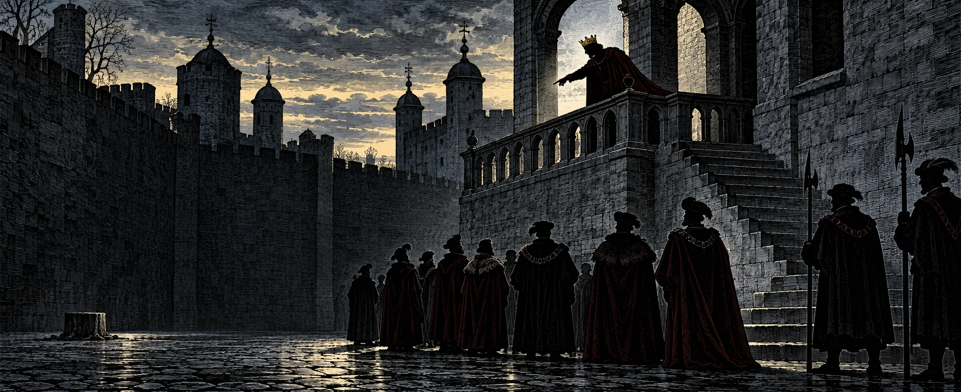 A crowned figure points down from a stone gallery in a grey castle courtyard as a line of cloaked retainers waits below.