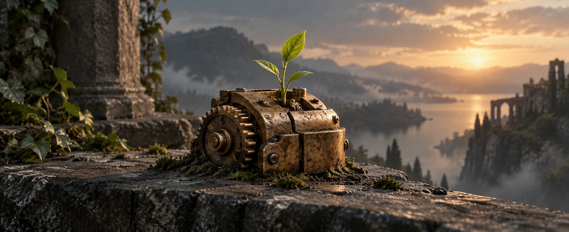 A small green shoot grows through the seam of a weathered brass mechanism on a dark stone ledge.