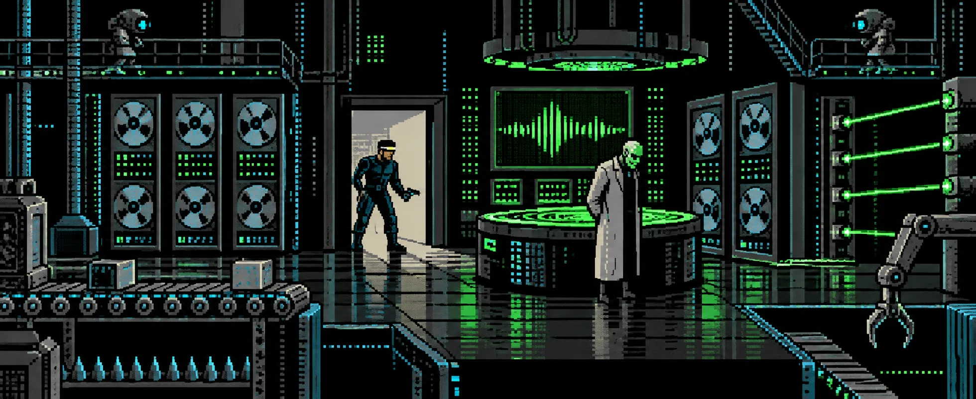 Pixel-art lair: a secret agent steps through a doorway into a villain's computer room of tape-reel mainframes and green sound-wave screens, where a pale scientist in a white coat waits.