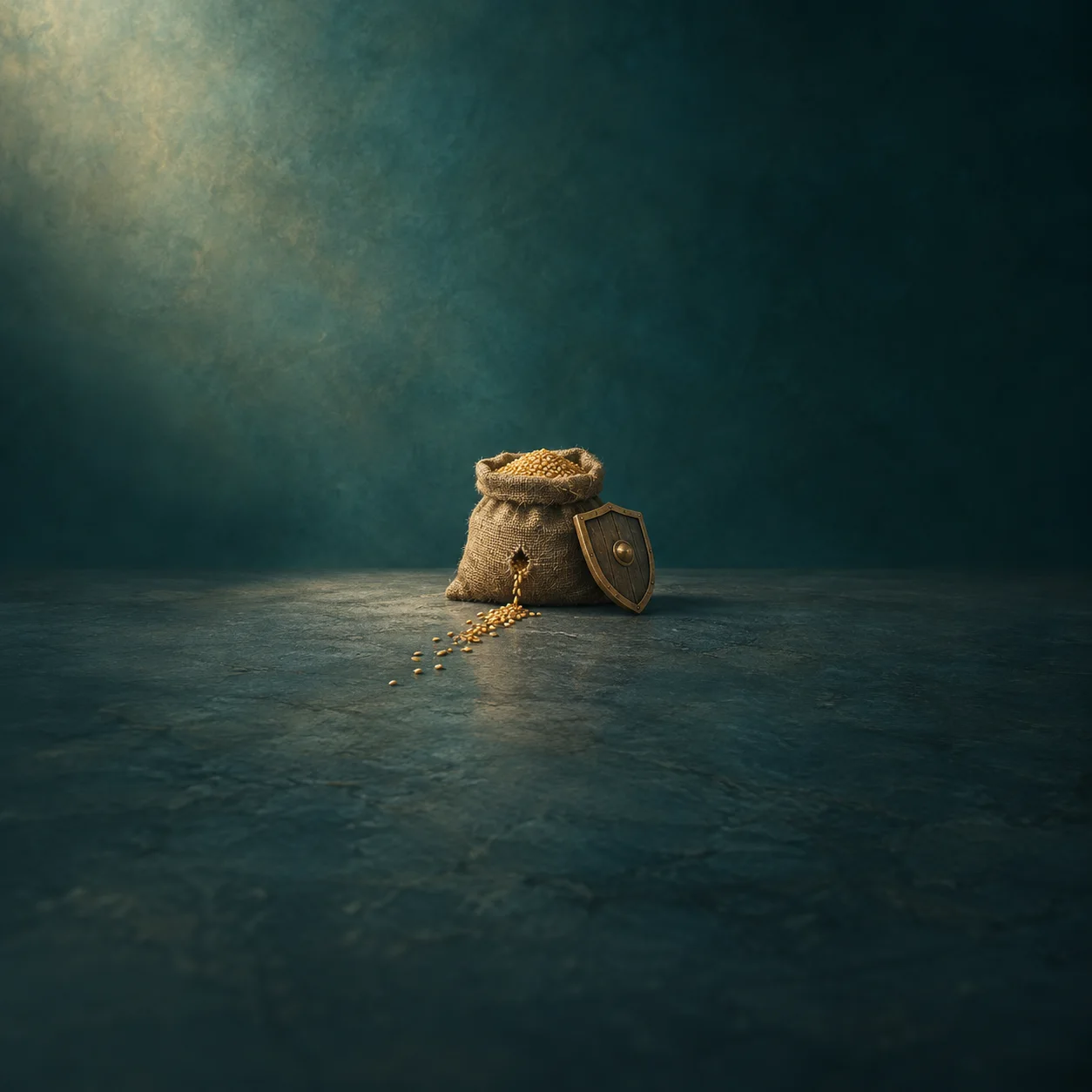 Grain spills from a burlap sack beside a small shield on a dark teal surface.