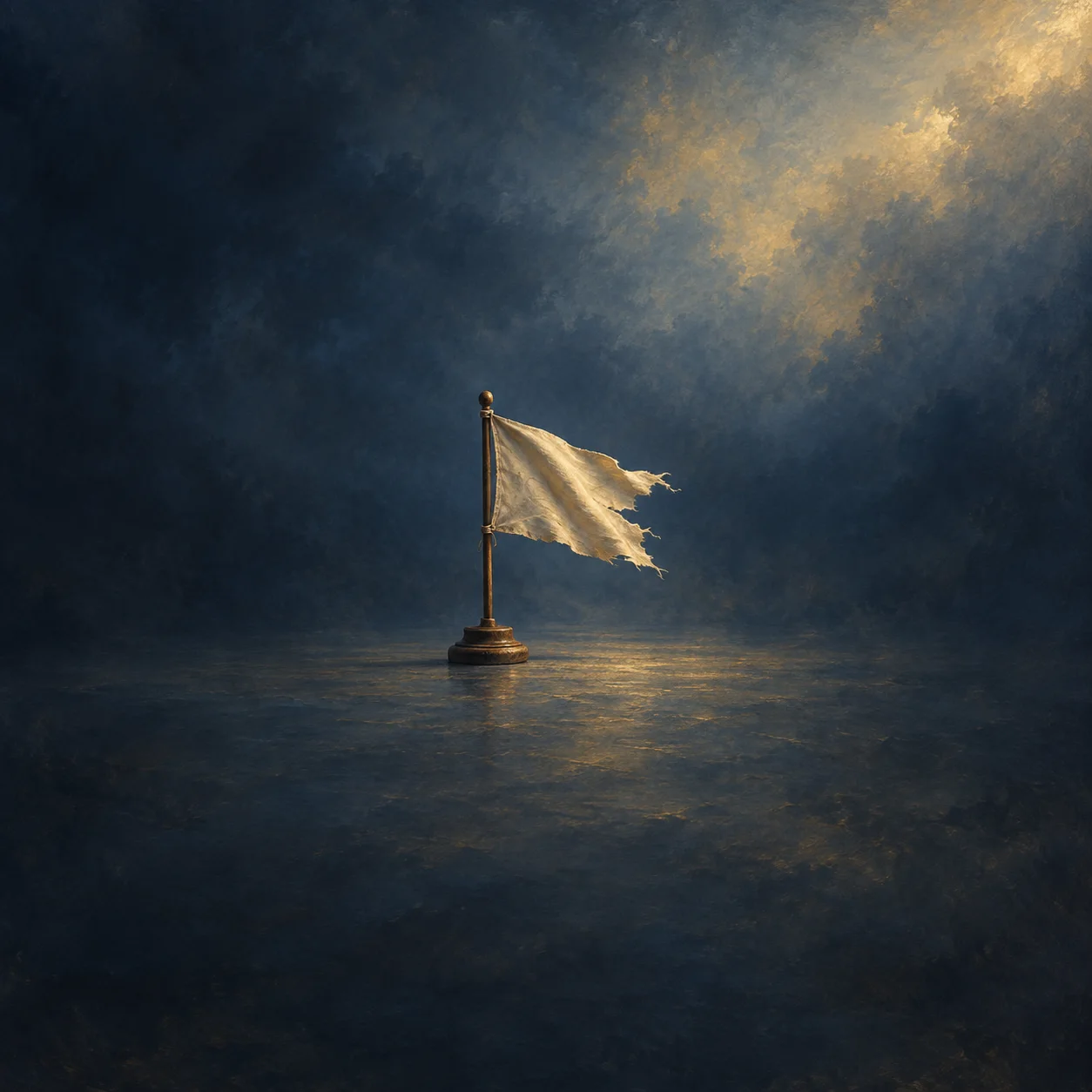 A torn pale flag flies from a short brass pole beneath a stormy blue-and-gold sky.