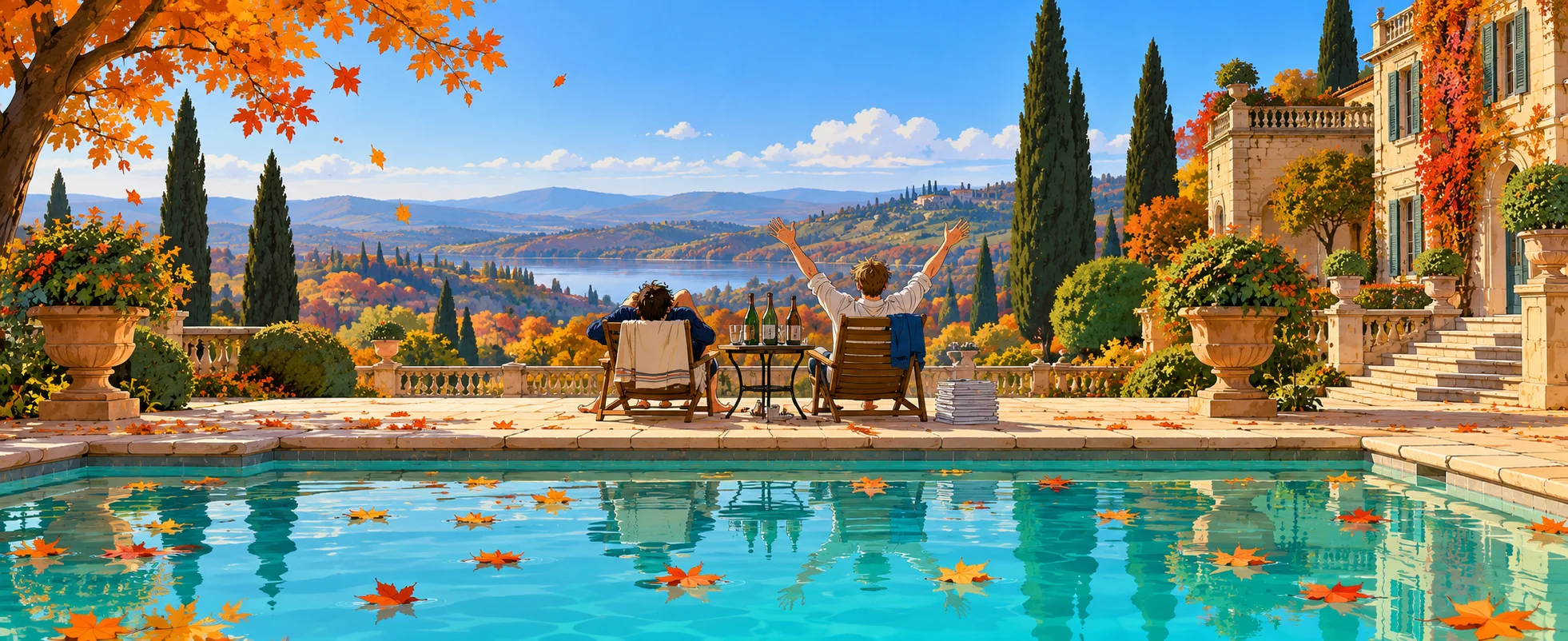 Two men lounge by a mansion pool on an autumn morning, one throwing his arms up in joy, leaves floating on the water.