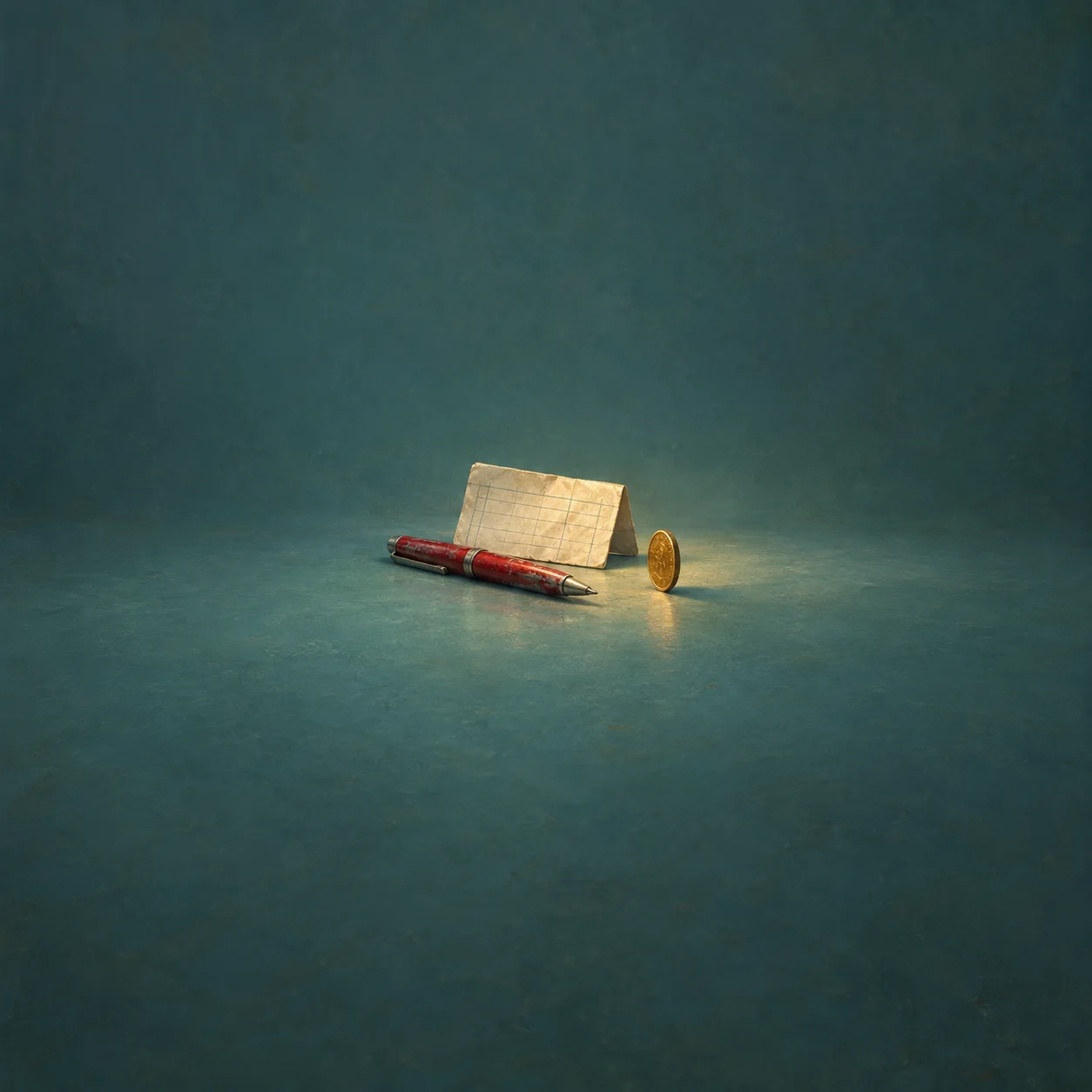Painterly red pen, folded cream paper and an upright gold coin on teal.