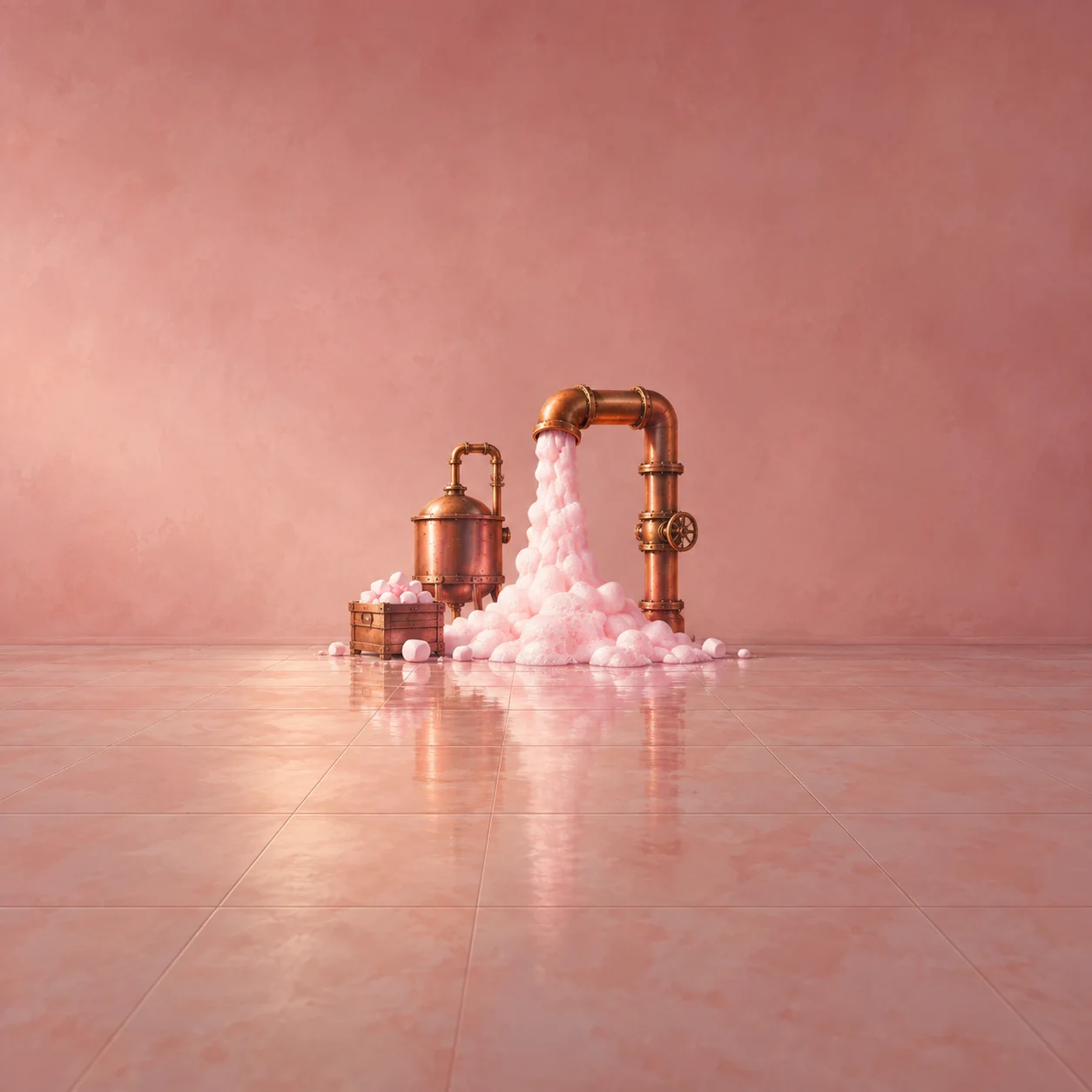 Pink marshmallows spill from a copper pipe onto a glossy tiled floor beside small copper containers.